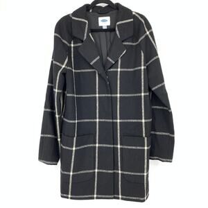 Old Navy Peacoat Womens Size Medium Tall Black Gray Windowpane Wool Blend Coat